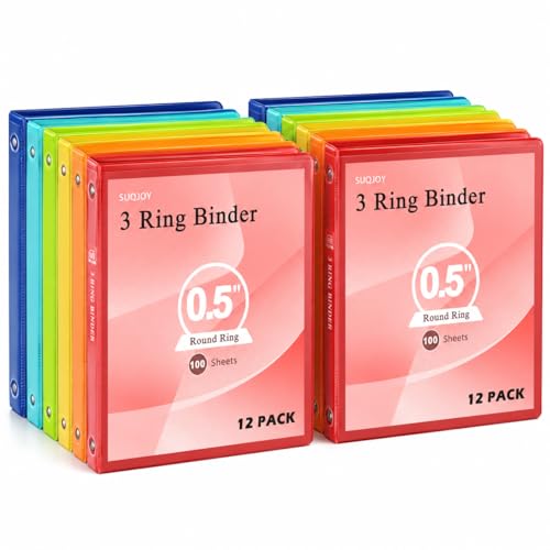SUQJOY 0.5 Inch 3 Ring Binders, 12 Pack Assorted Color Binders with Clear View Covers and 2 Interior Pockets, 1/2 Inch Round Ring Binders Holds 100 Sheets, for School, Office and Home