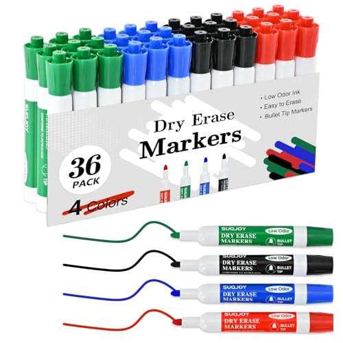 SUQJOY Dry Erase Markers, 36 Pack Bold Bullet Tip Whiteboard Markers, 9 Black, 9 Blue, 9 Red and 9 Green, Low Odor Bulk Markers for Classroom, Teachers and Office