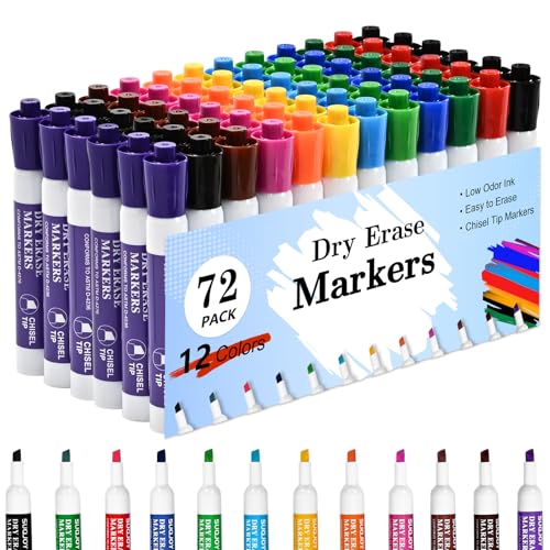 SUQJOY Dry Erase Markers Chisel Tip 72 Pack 12 Colors Whiteboard Markers for Office Meetings Presentations Bulk Set