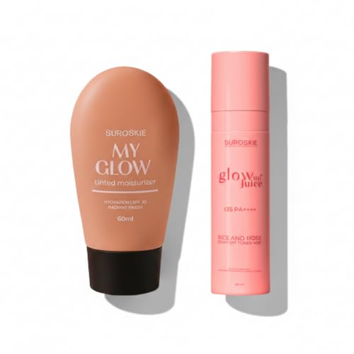 Suroskie Korean Skincare Sunscreen Combo – My Glow Tinted Sunscreen SPF 30 Light 60ml + Glow Up Juice SPF 35 100ml | Rice Toner & Niacinamide Moisturizer | Hydrating, Brightening, UV Protection