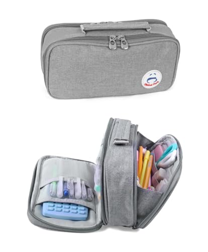 Surpop Pencil Case Pen Bag Holder Pouch Large Handle Big Capacity Desk Organizer Storage Marker Box Stationary Makeup Cosmetic Double Zippers for School Office Students Teen