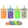 Sursip Toddler Glass Cups with Straw, Spill-Proof Kids Mason Jar Food Storage with Lids, Sippy Cups for Drinks, Smoothies, Snacks, Milk Cup [4 Pack] 8 oz 2-in-1