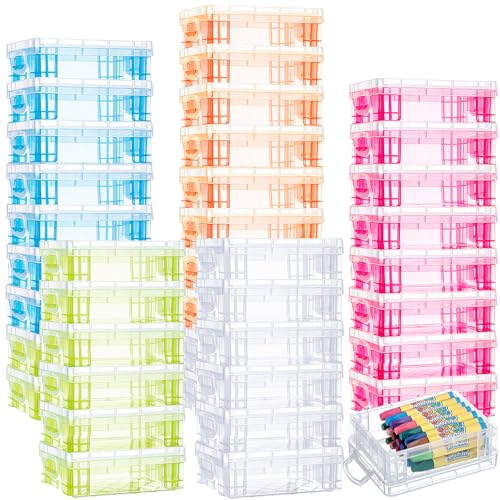 Suzile 40 Pcs Plastic Crayon Boxes Holds 24 Crayon with Snap Lid Storage Container Clear Stackable Case for School Office Classroom Supplies Pen Pencil Craft(Clear, Red, Green, Blue, Orange)