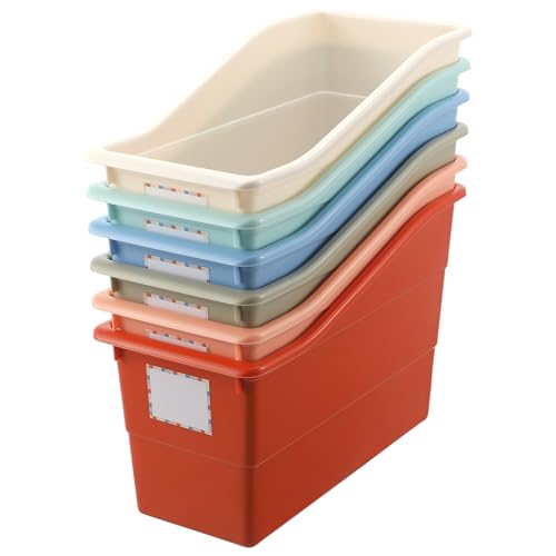 Suzile 6 Pcs Interlocking Plastic Book Bins Bulk Classroom Organizers with Labels Magazine File Holder Boho for Teacher Supplies Library Office Home Storage Container(Classic Colors)