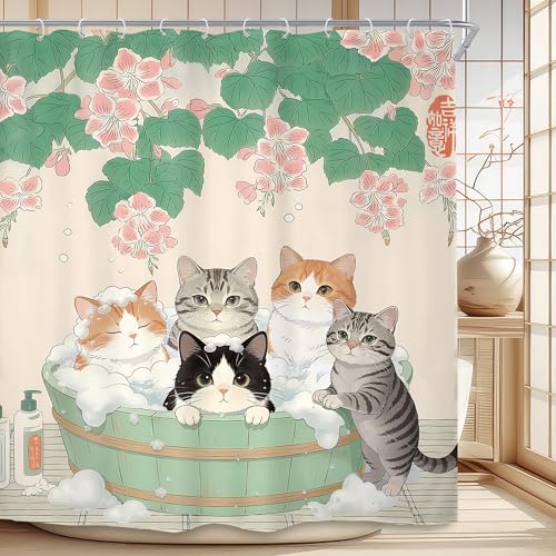 SVBright Adorable Cats Shower Curtain 72Wx72L Inch Kids Japanese Anime Cute Animal Funny Pink Floral Green Leaf Vintage Cartoon Kitten 12 Pack Hooks Polyester Waterproof Fabric Bathroom Bathtub Panels