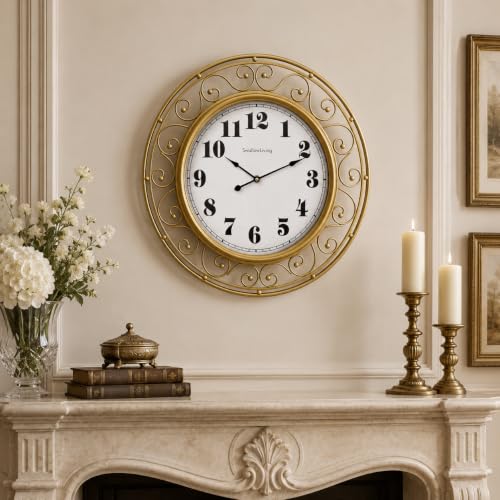 SwallowLiving Ornate Metal Wall Clock 20 Inch – Large Arabic Numbers Silent Non-Ticking Quartz Battery Operated Hanging Clock with Scrollwork Frame for Living Room, Bedroom, Dining Room Decor