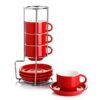 Sweese 4 Ounce Porcelain Stackable Espresso Cups with Saucers and Metal Stand Set of 4, Red