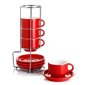 Sweese 4 Ounce Porcelain Stackable Espresso Cups with Saucers and Metal Stand Set of 4, Red