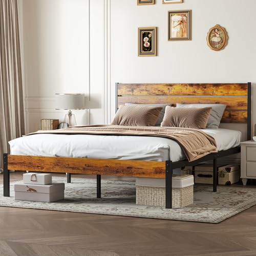 Sweetcrispy Queen Sturdy Wood Bed Frame with Headboard, 800LBS Heavy Duty Mattress Foundation, Metal Support Platform Bed Base with Under Bed Storage, No Box Spring Required, Easy to Assemble
