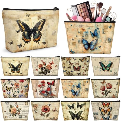 Sweetude 12 Pcs Vintage Butterfly Makeup Bag Bulk Retro Butterfly Flower Travel Cosmetic Bag with Zipper Waterproof Roomy Travel Toiletry Organizer Storage Pouch for Women Butterflies Lover Gift