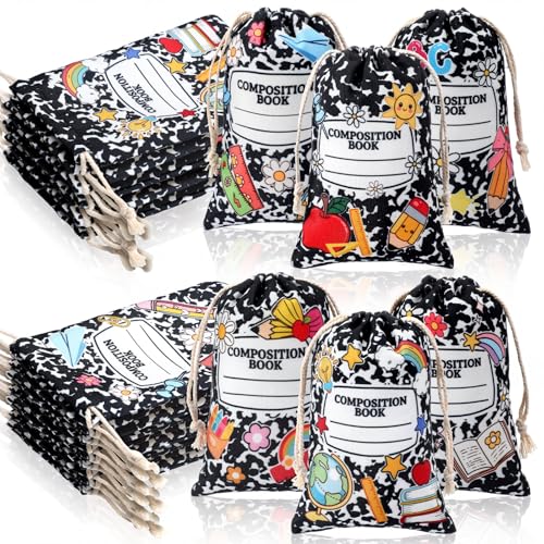 Sweetude 36 Pcs Teacher Survival Kit Gift Bags 4 x 6 Composition Notebook Drawstring Bag for Teacher Student Welcome Back to School Gift Bag in Bulk First Day of School Classroom Party Favor (Marble)