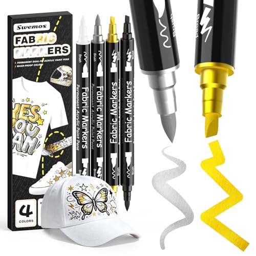 Swemos 4 Fabric Markers, Fabric Paint Permanent for Clothes, Brush and Chisel Tip Acrylic Paint Pens for Helmets, Skateboards, Hats, Canvas, Shoes, Bags, Craft, DIY - Fabric Decorating Kit