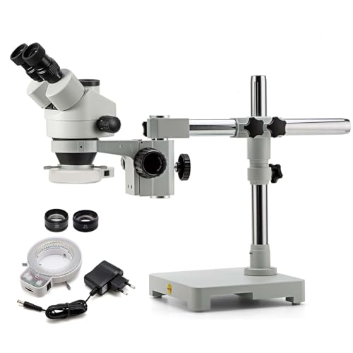 SWIFT S7 3.5X-90X Professional Simul-Focal Trinocular Stereo Zoom Microscope with WH10x Eyepieces, 0.7X-4.5X Objective,144 LED Ring Light, Single Arm Boom Stand, Includes 0.5X and 2.0X Barlow Lens