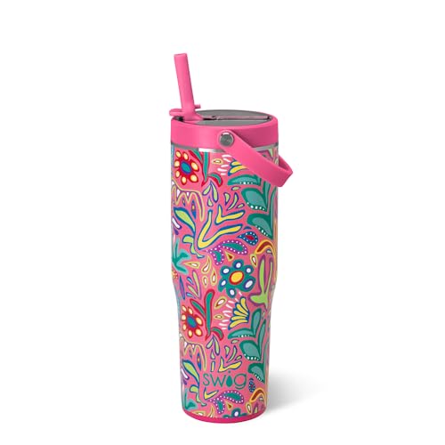 Swig Life 30oz Leak Proof To-Go Tumbler, 30oz Leak Proof Water Bottle with Handle and Straw, Large Insulated Tumblers, Cup Holder Friendly Travel Mug, Reusable Leakproof Water Bottle (Flora Rosa)