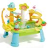 SwinKate Upgraded 4-in-1 Sand Water Table for Toddlers 1-3, Kids Sensory Table with Electric Water Pump & Sun Flower Faucet, Play Kitchen Sink with Food Accessories, Fishing Toy ‒ Adjustable Height