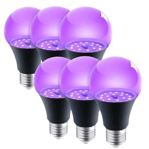 Sxminer 10W UV Black Light Bulbs, 395nm Wavelength A19 LED Blacklight, 100W Equivalent, E26/E27 Base, 360° Glow Effect, Non-Dimmable, for Halloween Decorations Glow Parties Fluorescent Posters, 6-Pack
