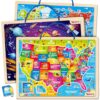 SYNARRY Large USA World Solar System Wooden Magnetic Puzzles for Kids Ages 4-6, Wood Puzzles Educational Games Toys Easter Gifts for Toddlers, United States World Space Map for Boys Girls Ages 3-5 4-8