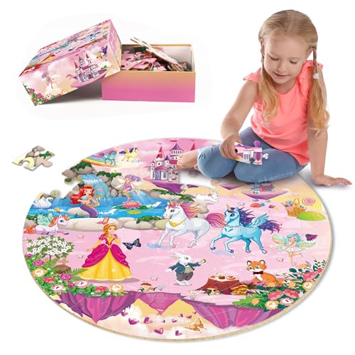SYNARRY Unicorn Princess Mermaid Fairy Floor Puzzle for Kids Ages 3-5, Large 70 Piece Wooden Puzzle for Kids Ages 4-6, Preschool Toys Gifts for 3 4 5 6 7 8 Years Old Boys Girls Children
