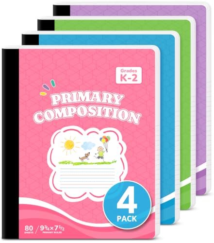 Taja 4 Pack Primary Composition Notebook K-2, Cute Composition Book Primary Ruled, 9-3/4" x 7-1/2", 160 Pages (80 Sheets), Perfect for School Office Supplies, Pastel Colors