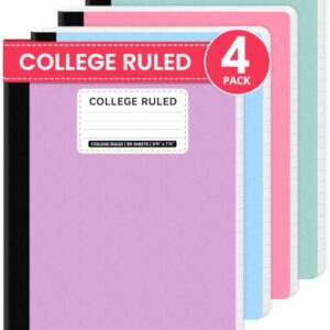Taja Composition Notebooks College Ruled, 4 Pack Aesthetic Composition Notebooks, 160 Pages (80 Sheets), 9-3/4" x 7-1/2", Pastel Colors, Perfect for School, Office and Note Taking