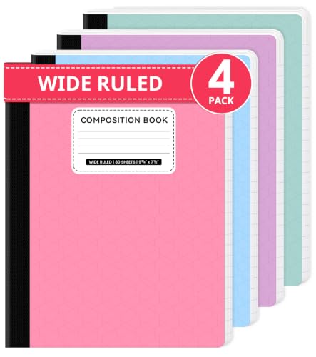 Taja Composition Notebook Wide Ruled, 4 Pack Aesthetic Composition Book, 9-3/4" x 7-1/2", 160 Pages (80 Sheets), Perfect for School Office Supplies, Pastel Colors