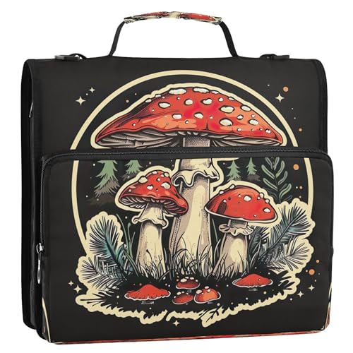 Takiito 3 Ring Zipper Binder Red Mushroom Binder Organizer Portfolio with File and Shoulder Strap & Handle Large Capacity File Folder