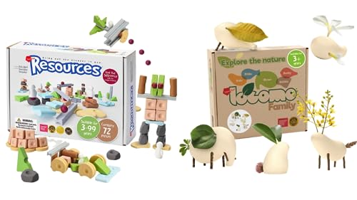 Taksa Toys Locomo & Resources Set: 72 Pcs Gift Pack Montessori Building Blocks & 5 Natural Color Wooden Animal Figures, Outdoor Learning & Creativity Toy Set for Kids 3 4 5 6 7+ Years