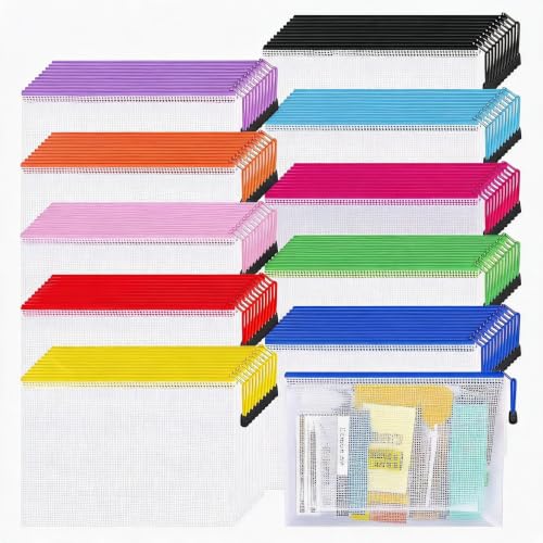Takywep Bulk 100 Pack A4 Mesh Zipper Bags, 10 Assorted Colors, Waterproof PVC Document Organizer, Office, Versatile Filing Solutions, School & Travel Use, Pencil & File Storage