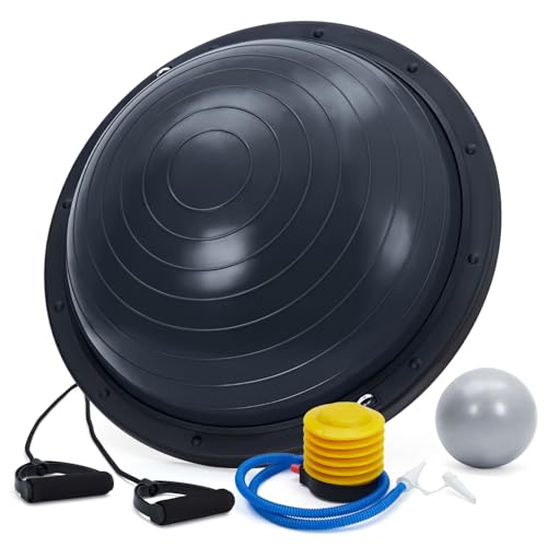 Takywep Half Balance Ball Trainer - 23/25 Inch Non-Slip Base Stability Dome, 1600 Lb Capacity Exercise Ball for Core Strength Workouts, Includes 2 Resistance Bands, Foot Pump and 10 Inch Mini Exercise
