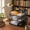 Takywep Stackable Mesh Desk Organizer, 3-Tier Black Metal Document Tray with Top Shelf, Slanted Letter & Folder Holder, Mark-Resistant Durable File Rack for Office Desktop Storage, 3 Layers