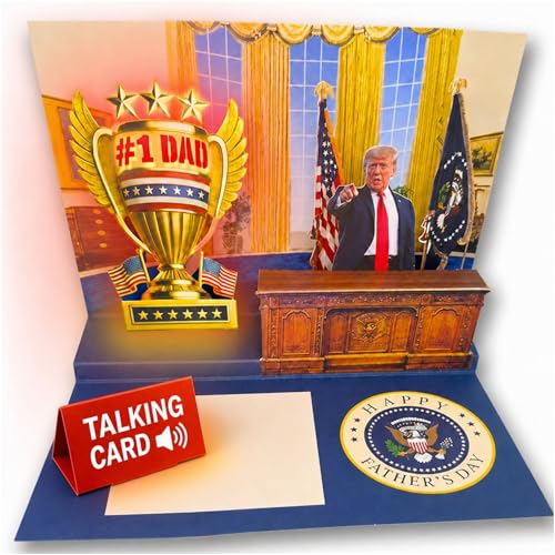 Talking Donald Trump Pop Up Fathers Day Card with Light & Sound - Plays Trump's Real Voice, Funny 3D Pop Up Greeting Card, Presidential Scene, Funny Trump Fathers Day Surprise for Dad (Office)