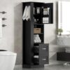 Tall Bathroom Storage Floor Cabinet, Freestanding Storage Cabinet Organizer with Built-in Shelf and Lower Two Drawers, Hook and Adjustable Shelf, for Bathroom, Living Room, Kitchen, Pantry (Black3)