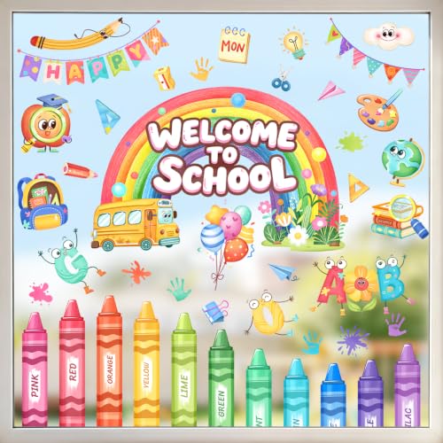 Tanlaby Back to School Window Clings Rainbow Colorful Pencils Crayon Window Stickers Ruler Banner School Bus Book Decals for Classroom Playroom Nursery Decor Welcome Party Supplies