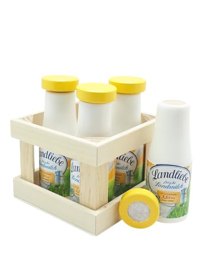 Tanner DER KLEINE Kaufmann Tanner Deco Landliebe Wooden Drinks Box (1 Miniature Drinks Box with 4 Bottles, Made of Wood, for Children from 2 Years, Accessories for Merchant Shop, Wooden Toys) 0547.9
