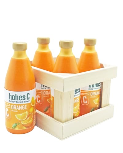 Tanner DER KLEINE Kaufmann Tanner Deco Wooden Drinks Crate High C (1 Miniature Drinks Box with 4 Bottles, Made of Wood, for Children from 2 Years, Accessories for Merchant Shop, Wooden Toys) 0546.2