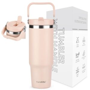 TaroKitc 30 oz Tumbler with Handle and Flip Straw, Triple-Wall Vacuum Insulated Water Bottle, Leakproof Reusable Travel Mug for Home, Outdoors, Fit in Car Cup Holder, Cold for 30 Hrs,Rose Quartz