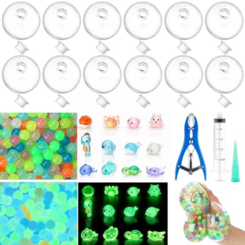 Tasdurian 12 Set Glowing DIY Stress Ball Making Kit Empty Stress Ball DIY Kit with Transparent Blank Skins Glowing Fillers Expander Tool Vacuum Evacuating Device(Ocean)