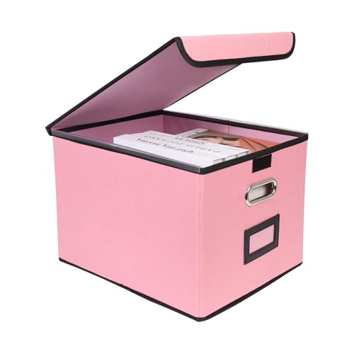 Tcbelosion File Storage Box with Lid, 15.55x12.87x10.43 Inches, Foldable Organizer with Handles & Label Slot, for File Storage, Home, Office, and Closet Organization(Pink)