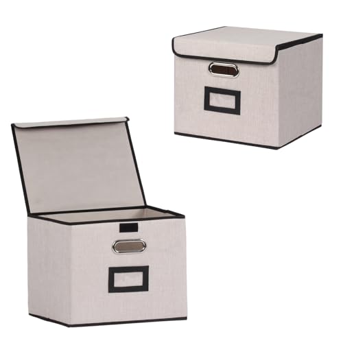 Tcbelosion Large Square Storage Bin with Lid, Foldable Organizer Box with Handles & Label Design, for Office, Closet, Home, Documents, Grey, 12.20 x 10.63 x 10.63 Inches, 2 Pack