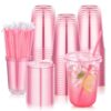 tchrules 100 Set 16oz Pink Round Bottom Plastic Cups with Sip Lids & Straws