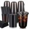 tchrules 100 Sets 16 oz Black Plastic Cups with Lids & Wide Boba Straws