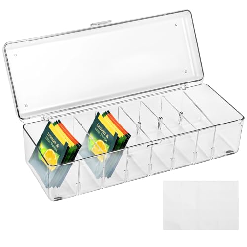 Tea Bag Organizer, 8 Slot Clear Tea Bag Holder with Lid, Drink Packet Holder, Pantry Storage Divider Container with Label Stickers and Zip Ties, Clear Beverage Bag Storage Bin for Kitchen and Office