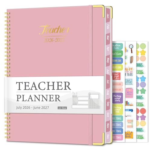 Teacher Planner 2026-2027, Jul 2026-Jun 2027 Academic Year, 8.5" x 11" Lesson Planner Book for Teachers Calendar, Spiral Bound Planners, Colorful Monthly Tabs, Hardcover, Corner Protectors - Pink