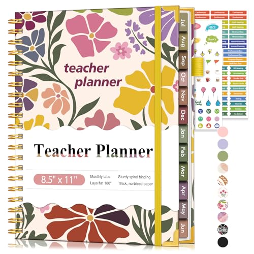 Teacher Planner 2026-2027, July 2026 - June 2027, Academic Weekly & Monthly Calendar Planner with Tabs, 8.5" x 11" A4 Teacher Lesson Plan Book with 7 Periods, Daily Agenda School Organizer for Teacher Student Homeschool Abstract Flowers