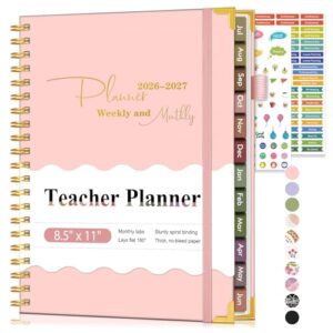Teacher Planner 2026-2027, July 2026 - June 2027, Academic Weekly & Monthly Calendar Planner with Tabs, 8.5" x 11" A4 Teacher Lesson Plan Book with 7 Periods, Daily Agenda School Organizer for Teacher Student Homeschool, Pink