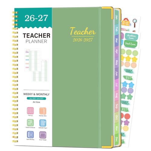 Teacher Planner 2026-2027, July 2026-June 2027 Academic Year, Large 8.5" x 11" Teacher Lesson Planner 2026-2027 with Colorful Monthly Tabs, Teacher Calendar Book for Homeschool, Hardcover - Green