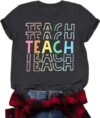 Teacher Shirts for Women Funny Vintage Teach Printed Graphic Tshirt Last Day of School Short Sleeve Tee Tops Deepgrey
