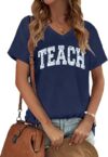Teacher Shirts Women Teacher Life V-Neck Short Sleeve T-Shirt ABCD Teach Graphic Tee Back to School Tops(Blue,XX-Large)