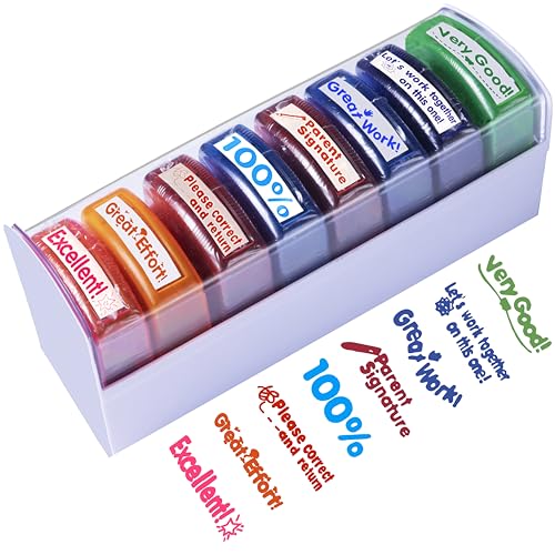 Teacher Stamps for Classroom Grading – 8PCS Self-Inking Rectangular Teacher Stamp – Colorful Stamps for Teachers with Motivational Messages – Perfect Classroom Supplies & Gifts for Homeschool