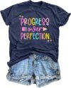 Teacher T-Shirt for Women Progress Over Perfection Graphic Shirt Inspirational School Teaching Tee Top Blue